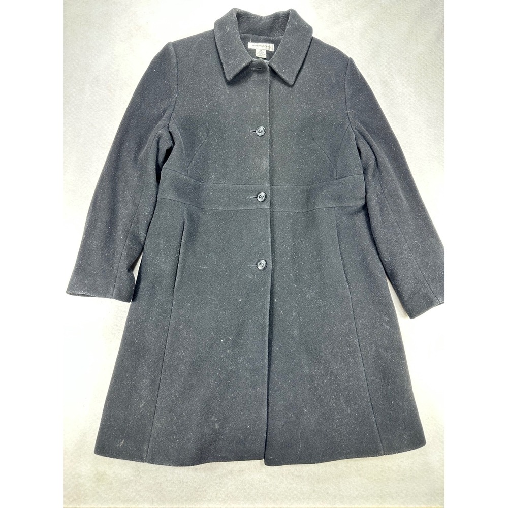 Preston & York Womens Black 100% Wool Button Front A-Line Overcoat Size 14